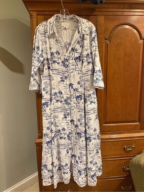 Blue & White Tropical Print Button-Front Maxi Dress